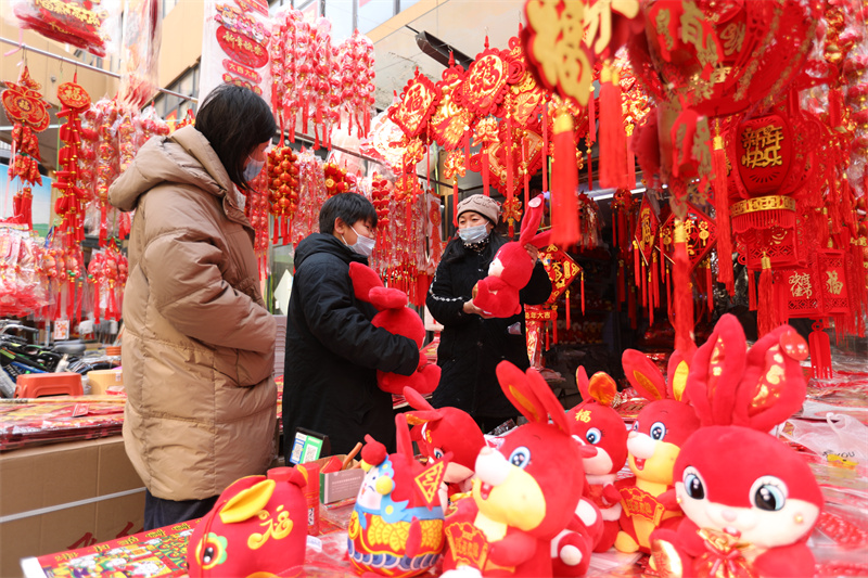 圖為市民在日照太陽城市場內(nèi)選購各類新年飾品。宋年升攝