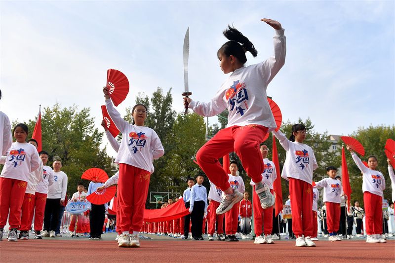 運(yùn)動(dòng)會(huì)上，孩子們?cè)陂_(kāi)幕式上表演武術(shù)。王海濱攝