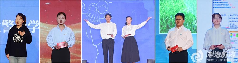 葛子涵（左一）、韓夢潔（左二）、王駿杰和王小涵（中）、張彥浩（右二）、梁鈺（右一）發(fā)言